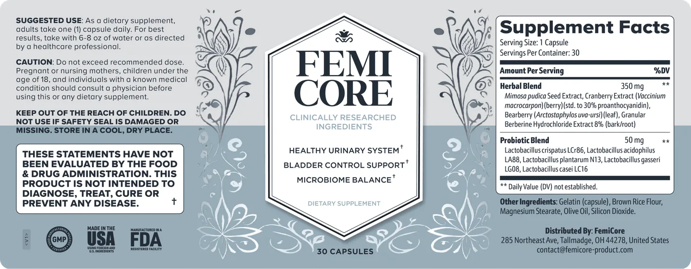 FemiCore product label showing the Supplement Facts panel, ingredient list, suggested use and FDA disclaimer